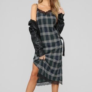 Plaid Lace Slip Dress in Hunter Green